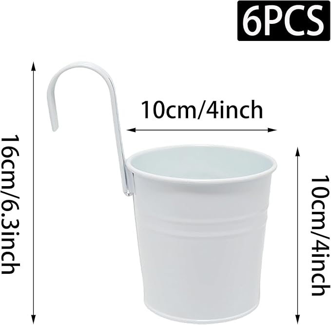 6 Pcs Hanging Flower Pots with Detachable Hooks,Metal Iron Bucket Planter for Railing,Fence,Balcony Garden Decor,4INCH,White
