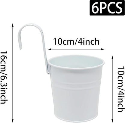 6 Pcs Hanging Flower Pots with Detachable Hooks,Metal Iron Bucket Planter for Railing,Fence,Balcony Garden Decor,4INCH,White