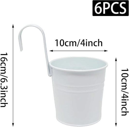 6 Pcs Hanging Flower Pots with Detachable Hooks,Metal Iron Bucket Planter for Railing,Fence,Balcony Garden Decor,4INCH,White