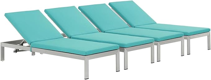 Modway Shore Aluminum Outdoor Patio Four Chaise Lounge Chairs with Cushions in Silver Turquoise