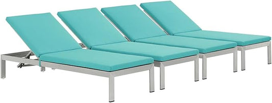 Modway Shore Aluminum Outdoor Patio Four Chaise Lounge Chairs with Cushions in Silver Turquoise