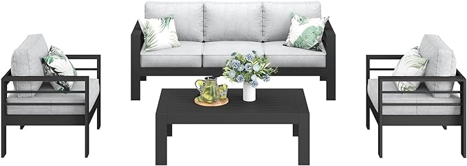 LayinSun Outdoor Aluminum Furniture Set, 4 Pieces Patio Sectional Conversation Chat Sofa Modern Seating Set with Coffee Table