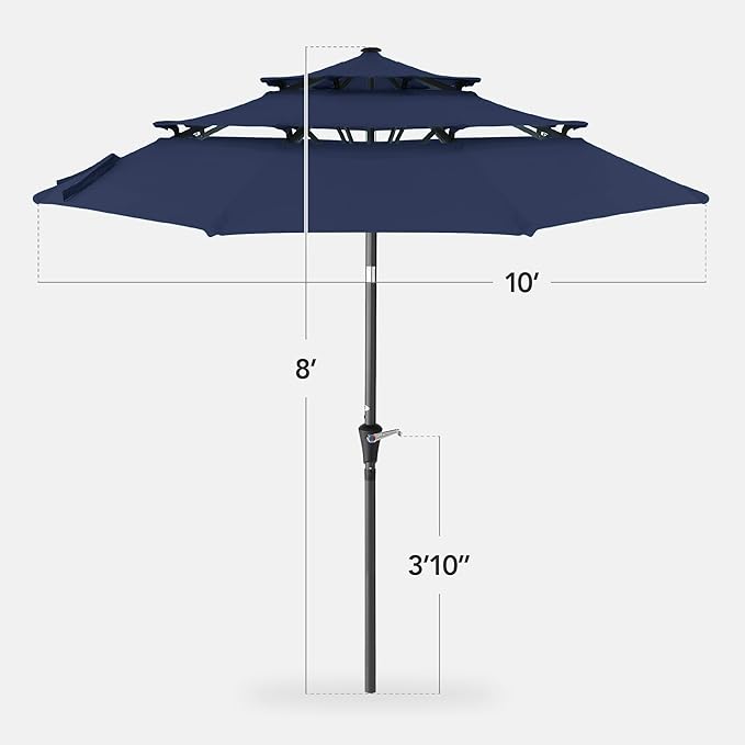 Best Choice Products 10ft 3-Tier Market Patio Umbrella, Outdoor Sun Shade with Tilt, Crank Lift, 8 Ribs for Backyard, Deck, Poolside – Navy Blue