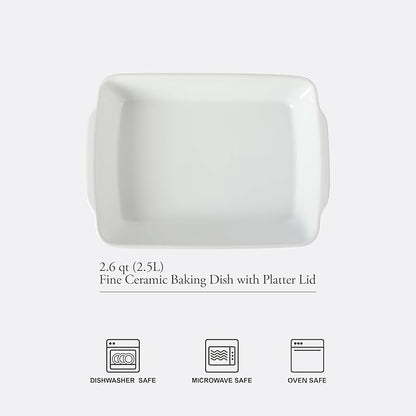 Gibson Home Gracious Dining 2.6-Qt White Stoneware Covered Baking Dish w/Multi-Purpose Lid – 12.7" x 9" Rectangular Oven Safe Casserole, Lasagna & Roasting Baker, Lid Doubles as Serveware or Trivet