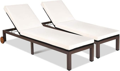 Tangkula 2PS Patio Chaise Lounge Chair, Outdoor Rattan Lounger Recliner Chair W/Wheels, Wicker Chaise Chair W/Cushioned Seating, Recliner 5-Position Adjustable for Garden, Patio, Poolside (2, Beige)