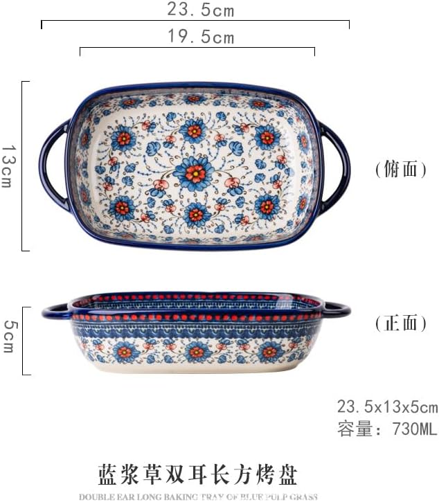 Ceramic Baking Dish with Handles, ceramic bakeware，Hand-painted Polish Pottery Baking Dish Set of 2,Baking Pan Lasagna Pan, Rectangular, Floral Pattern,baking tray Oven Safe 13.22x7.5x2.8 In (blue)