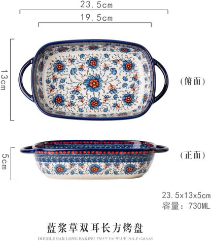 Ceramic Baking Dish with Handles, ceramic bakeware，Hand-painted Polish Pottery Baking Dish Set of 2,Baking Pan Lasagna Pan, Rectangular, Floral Pattern,baking tray Oven Safe 13.22x7.5x2.8 In (blue)