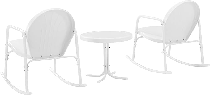 Crosley Furniture Griffith 3-Piece Outdoor Rocking Chair and Side Table Set, Retro Metal Bistro Patio Sets, White Gloss and White Satin