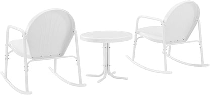 Crosley Furniture Griffith 3-Piece Outdoor Rocking Chair and Side Table Set, Retro Metal Bistro Patio Sets, White Gloss and White Satin