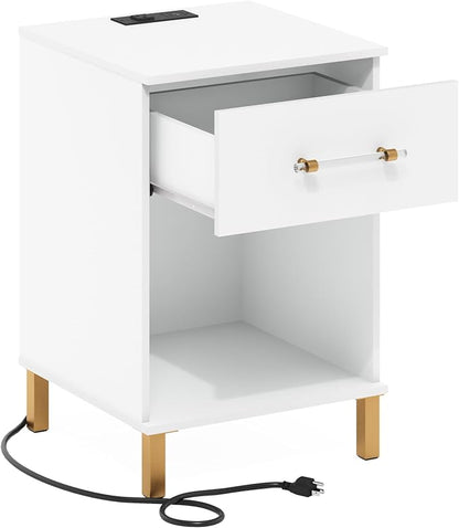 Furinno TIDUR Side Table, Modern Drawer End Table with Charging Station, Night Stand, Bedside Table with USB and Type-C Port, for Living Room, Bedroom, White