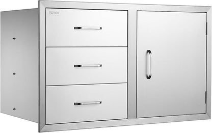VEVOR BBQ Island Drawers 38.1W x 22.6H x 20.8D, Outdoor Kitchen Door Drawer Combo Cabinets, BBQ Access Door/Triple Drawers Combo, Stainless Steel Handles, Perfect for BBQ Island Patio Grill Station