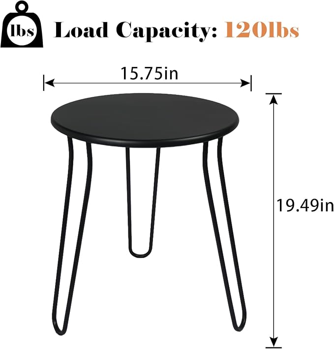 Small Patio Side Table, Weather Resistant Anti-Rust Outdoor Metal Patio Round End Table, Outdoor End Table for Garden, Porch, Balcony, Yard, (Black)