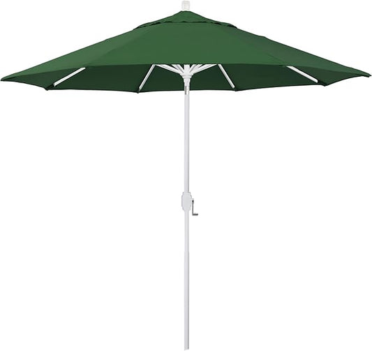 California Umbrella 5-Year-Non-Fading, 9Ft Premium Patio Umbrella, Hand-Crank, Button-Tilt, White Frame, Solution Dyed Hunter Green Fabric