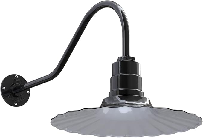 Steel Lighting Co. Highland Park Barn Light | Outdoor Wall Mounted | 16 inch Radial Wave | 23 inch Gooseneck | Vintage Style Made in America | Black Exterior/White Interior