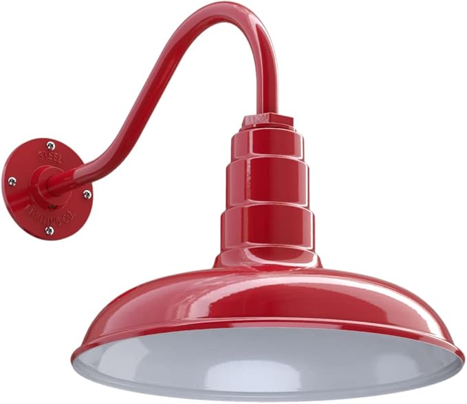 Steel Lighting Co. Topanga Barn Light | Outdoor Wall Mounted | Farmhouse Garage Light Made in America | 14 inch Dome | 16 inch Gooseneck | Red Exterior/White Interior