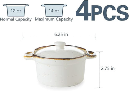 ONEMORE Mini Cocotte Set of 4, 12 oz Ceramic Ramekins with Lids and Handles, Small Casserole Dishes for Oven, Mini Dutch Oven for Soup, Souffle, Pot Pie and Baking, Microwave & Dishwasher Safe, Creamy White