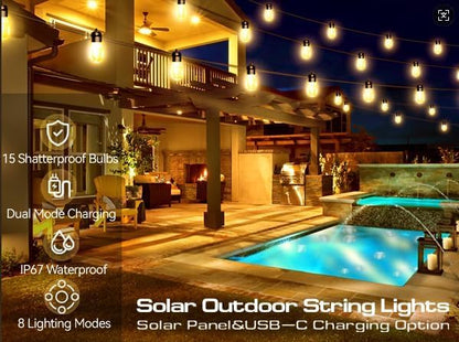 Honche Solar Lights Outdoor Waterproof LED IP66 with 15 Edison Bulb Warm White String Lights Patio Lights Decorate for Christmas Camping Wedding Birthday Backyard Gazebo Party
