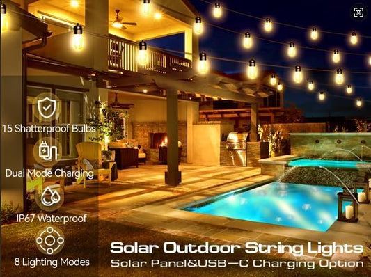 Honche Solar Lights Outdoor Waterproof LED IP66 with 15 Edison Bulb Warm White String Lights Patio Lights Decorate for Christmas Camping Wedding Birthday Backyard Gazebo Party