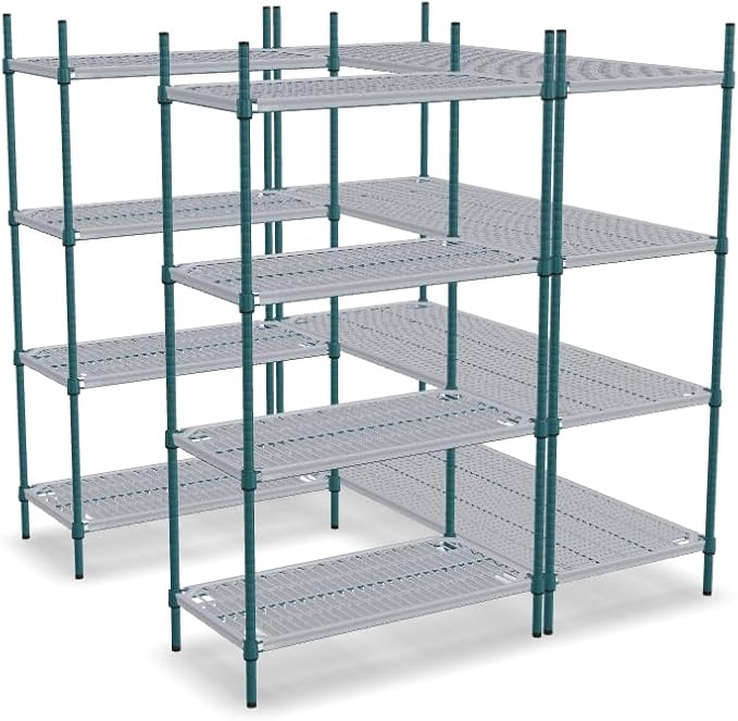 NSF 5' x 5' Walk-in 4-Tier Shelving Unit Kit with Drop Mat Shelf Liner, Commercial Storage Rack Unit, Organizer Shelves System Kit, Heavy Duty Racking for Storage, Shelving Kits (Green Epoxy)