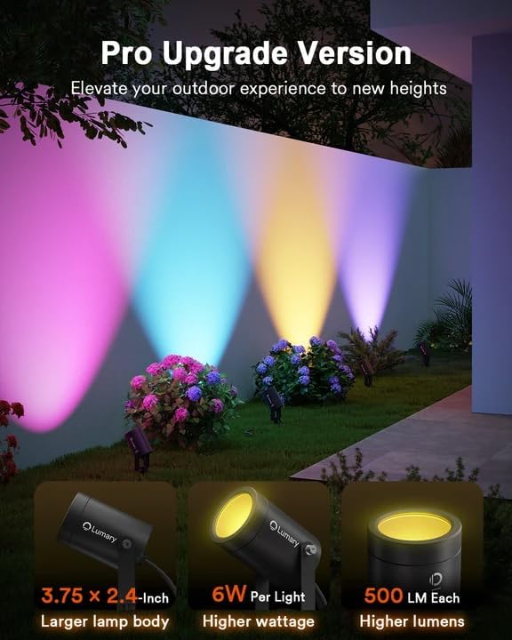 Lumary Smart Landscape Lights Pro 500LM, 6 Pack Color Changing Landscape Spotlights IP65 Waterproof, RGBAICW Low Voltage Outdoor Lights for Garden Yard and Pathway, APP/Remote/Voice Control, 65FT