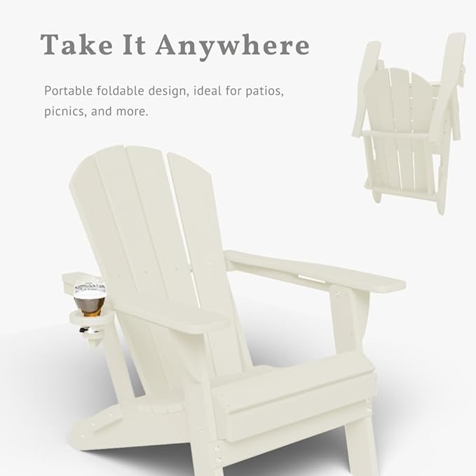 Folding Adirondack Chair with Cup Holders, HDPE Plastic Outdoor Chairs, Weather Resistant, Real Wood Look for Patio, Deck, Fire Pit, Backyard, White