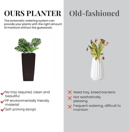30in Tall Planter, Self Watering Pots for Indoor/Outdoor Plants with Drain Holes, Water Level Monitor, Inner Bucket for Front Porch Patio, Brown Large(1 Set)