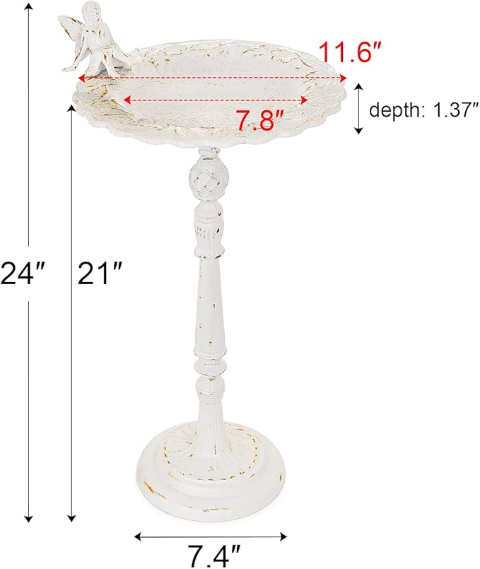 Sungmor Cast Iron Ornate Bird Bath for Garden, 21" Tall Vintage White Birdbath with Angel Statue Decor, Outdoor Standing Water Bowl, Decorative Pedestal Bird Feeder for Patio Deck Backyard