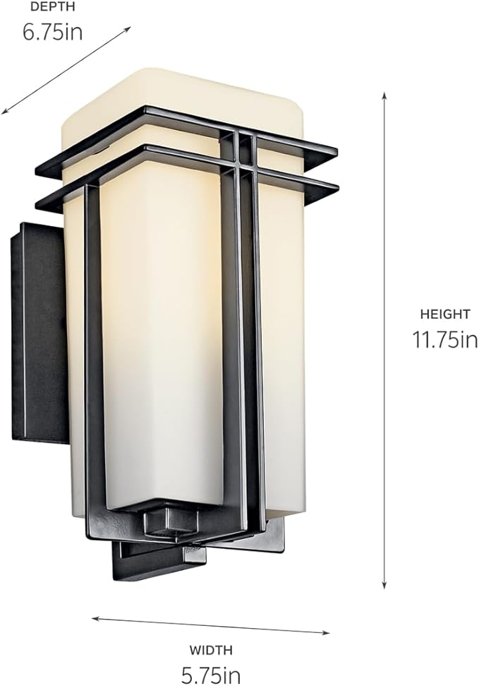 Kichler Tremillo 11.75" Outdoor Wall Lightin Black, 1-Light Exterior Wall Sconce Porch Light with Satin Etched Cased Opal Glass, (11.75" H x 5.75" W), 49200BK