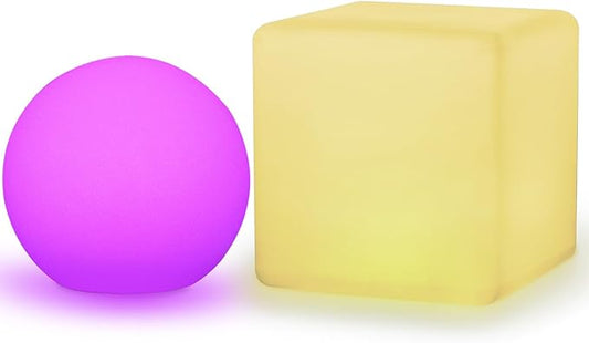 Mr.Go 16-inch LED Ball Light and 20-inch LED Cube Light Bundle, Rechargeable, Remote Control, Dimmable 16 RGB Colors 4 Modes, Waterproof, Great as Night Light Mood Lamp Ambient Lighting Decorations