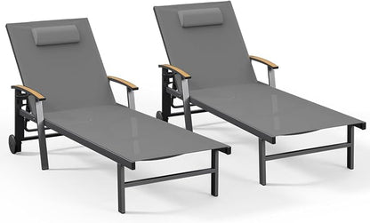 Ciokea Outdoor Lounge Chair with Pillow Set of 2, 5-Position Aluminum Chaise Lounge with Wheels & Armrests, 400 lbs Heavy Duty Patio Pool Chair for Backyard, Deck, Beach & Poolside, Grey