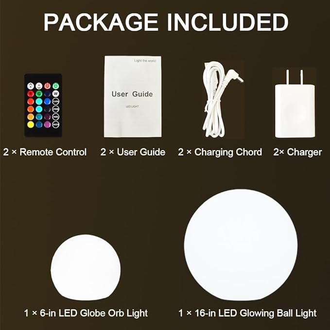 6-in LED Globe Orb Light for Kid, 16 RGB Colors Changing Orb Night Light w/Remote (1PC) and 16-in Cordless LED Glowing Ball Light, Waterproof Indoor/Outdoor LED Globe Orb Light w/Remote (1PC)