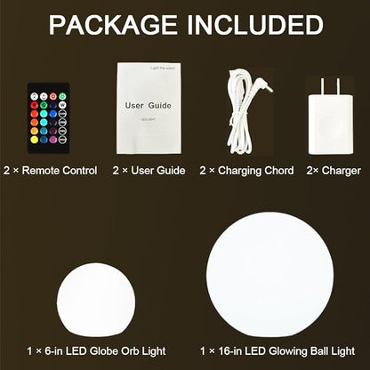 6-in LED Globe Orb Light for Kid, 16 RGB Colors Changing Orb Night Light w/Remote (1PC) and 16-in Cordless LED Glowing Ball Light, Waterproof Indoor/Outdoor LED Globe Orb Light w/Remote (1PC)