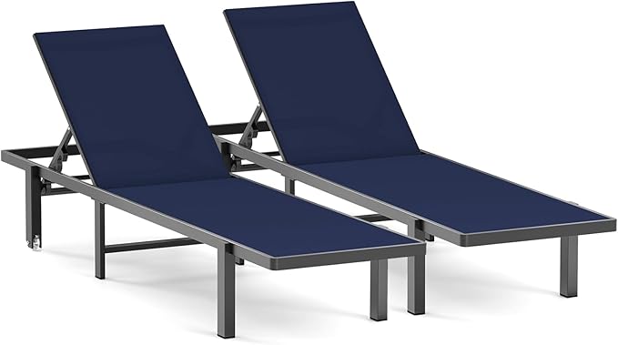 Ciokea Patio Chaise Lounge Chair Set of 2, Outdoor Lounge Chairs with Wheels, 5-Position Adjustable Sun Loungers for Pool, Deck, Beach,Navy Blue