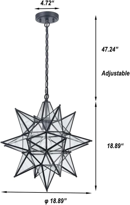 DIRYZON Boho Moravian Star Pendant Light 20 Inch Large Black Hanging Ceiling Light，Modern Clear Glass Pendant Lighting for Kitchen Island Porch Bedroom