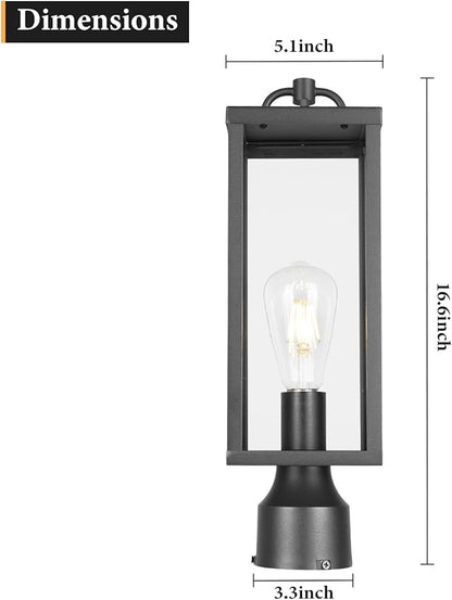 Outdoor Post Light Fixture, 16 Inch Tall Modern Exterior Square Pillar Lantern with Clear Glass, Transitional Black Pier Mount Lamp, Contemporary Pole Light for Garden, Backyard, Patio, Pathway