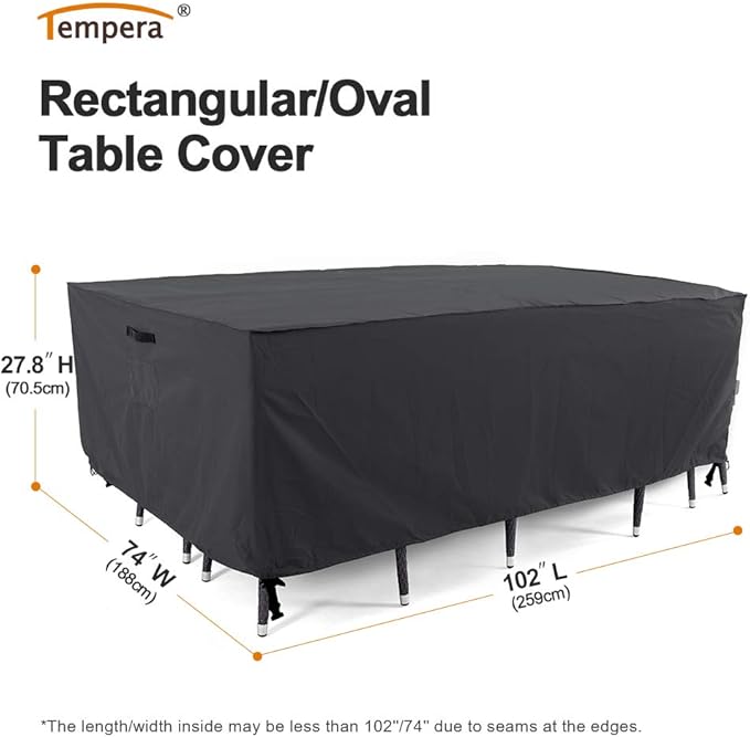 Tempera Outdoor Dining Set Cover for Outside Table and Chairs, Square Patio Table Covers for Outdoor Furniture, Anti-Fading, Windproof, 102''L x 74''W x 27.8''H, Space Grey