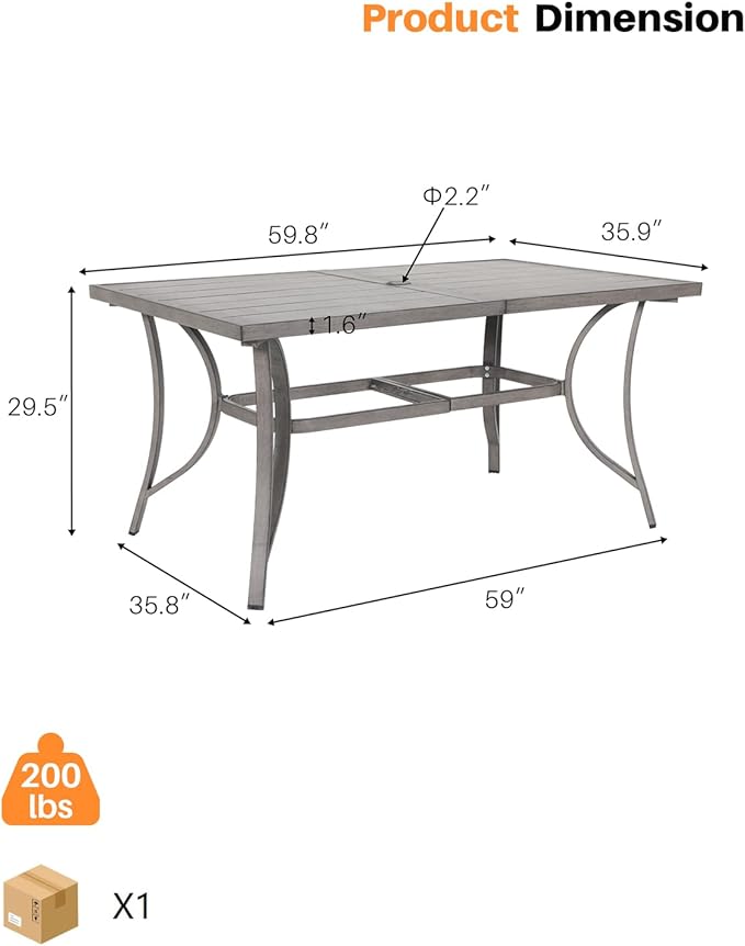 Aluminum Patio Dining Table for 6, Limed Oak Outdoor Rectangle Dining Table with Umbrella Hole, Rustproof 6 Person Outdoor Dining Tables for Backyard, Deck, Garden, Poolside, Porch
