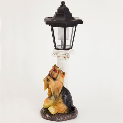 Bits and Pieces - Solar Yorkie Lantern-Solar Powered Garden Lantern - Resin Dog Sculpture with LED Light - Yorkshire Terrier - 13.5" Tall