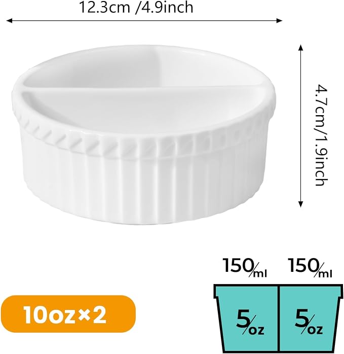 Cinf 10 oz White Ceramic Split Serve Rakemins 2 PACK Creme Brulee Set Separator Sauce Bowls Souffle Dish for Baking Oven Safe to 500F