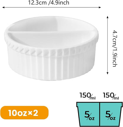 Cinf 10 oz White Ceramic Split Serve Rakemins 2 PACK Creme Brulee Set Separator Sauce Bowls Souffle Dish for Baking Oven Safe to 500F