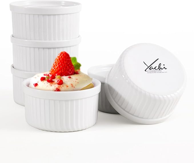 Yachi Ramekins White, 6 oz Ceramic Set of 6 Stoneware Bakeware for Souffle Sauces Dipping Onion Soup Lava Cake Flan Creme Brulee Kit Pudding Mini Custard Oven Safe