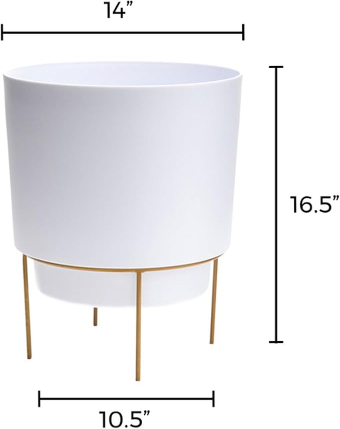 Bloem Hopson 14" Round Casper White Plastic Resin Planter with Drainage Holes and Gold Metal Stand, Made in USA