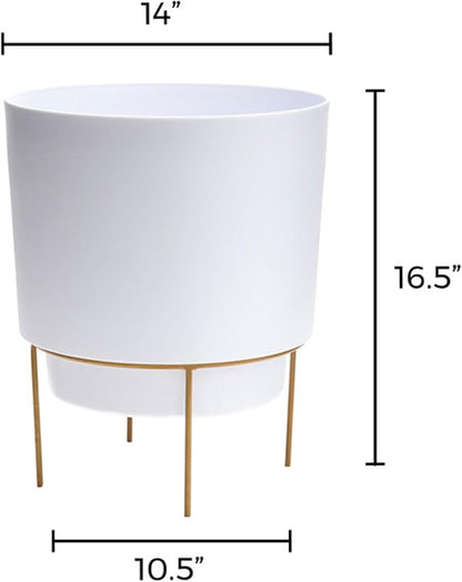 Bloem Hopson 14" Round Casper White Plastic Resin Planter with Drainage Holes and Gold Metal Stand, Made in USA