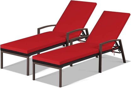 COSTWAY 2PCS Rattan Lounge Chair Outdoor, Patio Wicker Chaise Lounge with 5-Position Adjustable Backrest, Soft Cushion & Arm Rest, Pool Recliner Set of 2 for Poolside, Deck, Backyard (Red)
