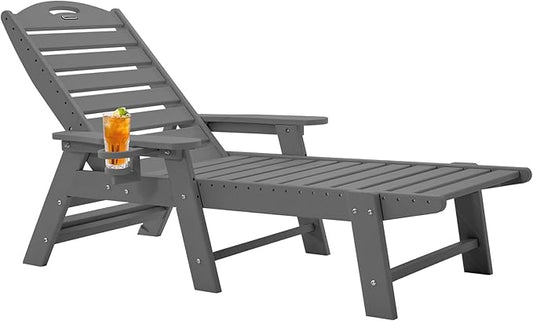 Ciokea Chaise Lounge for Outdoor, Patio Lounge Chairs for Outside, Chaise Lounge Chair with 6 Positions, HDPE Lounge Chair with Cup Holder for Pool Poolside Deck Backyard Lawn, Grey