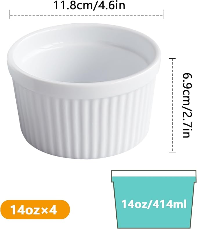 Cinf White 14 oz Set of 4 Souffle Dishes Ramekins Oven Microwave Safe Bowls Creme Brulee Set Sauce Cups for Baking Cooking Dessert Porcelain Pudding Cups