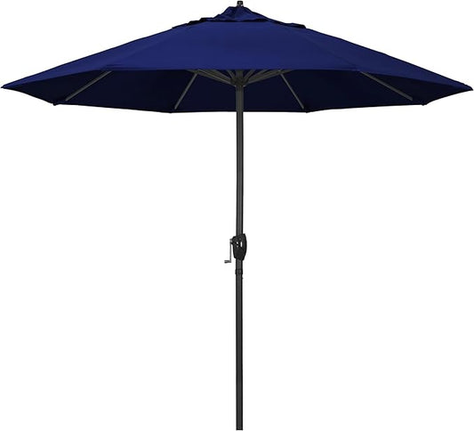 California Umbrella 9' Rd Aluminum Patio Umbrella, Crank Lift, Auto Tilt, Black Finish, Sunbrella True Blue