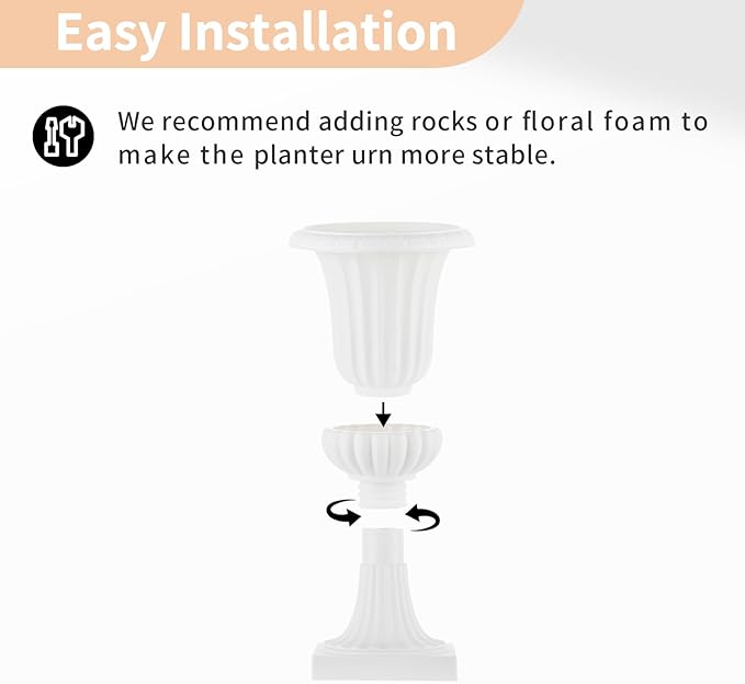 NUPTIO 2 Pcs Classic Urn Planter, 19.7 inch Tall Large Plastic Outdoor Urns Planters, Pedestal Flower vases Plant Pot, Resin Grecian Plants pots for Garden Porch Front Door, White