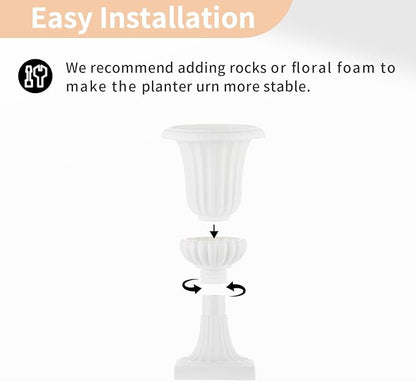 NUPTIO 2 Pcs Classic Urn Planter, 19.7 inch Tall Large Plastic Outdoor Urns Planters, Pedestal Flower vases Plant Pot, Resin Grecian Plants pots for Garden Porch Front Door, White