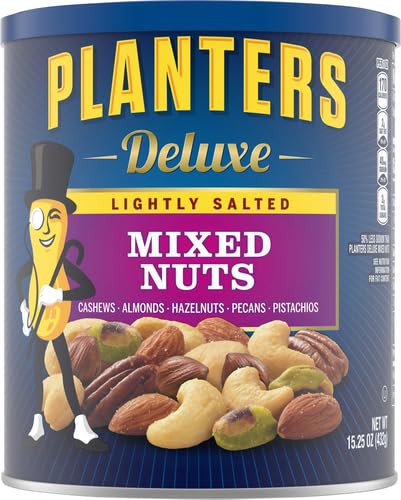 PLANTERS Deluxe Mixed Nuts, Cashews, Almonds, Brazil Nuts Mix, Pistachios, Pecans, Lightly Salted, Snacks for Adults and Kids, Party Snack, 15.25oz (Pack of 2)